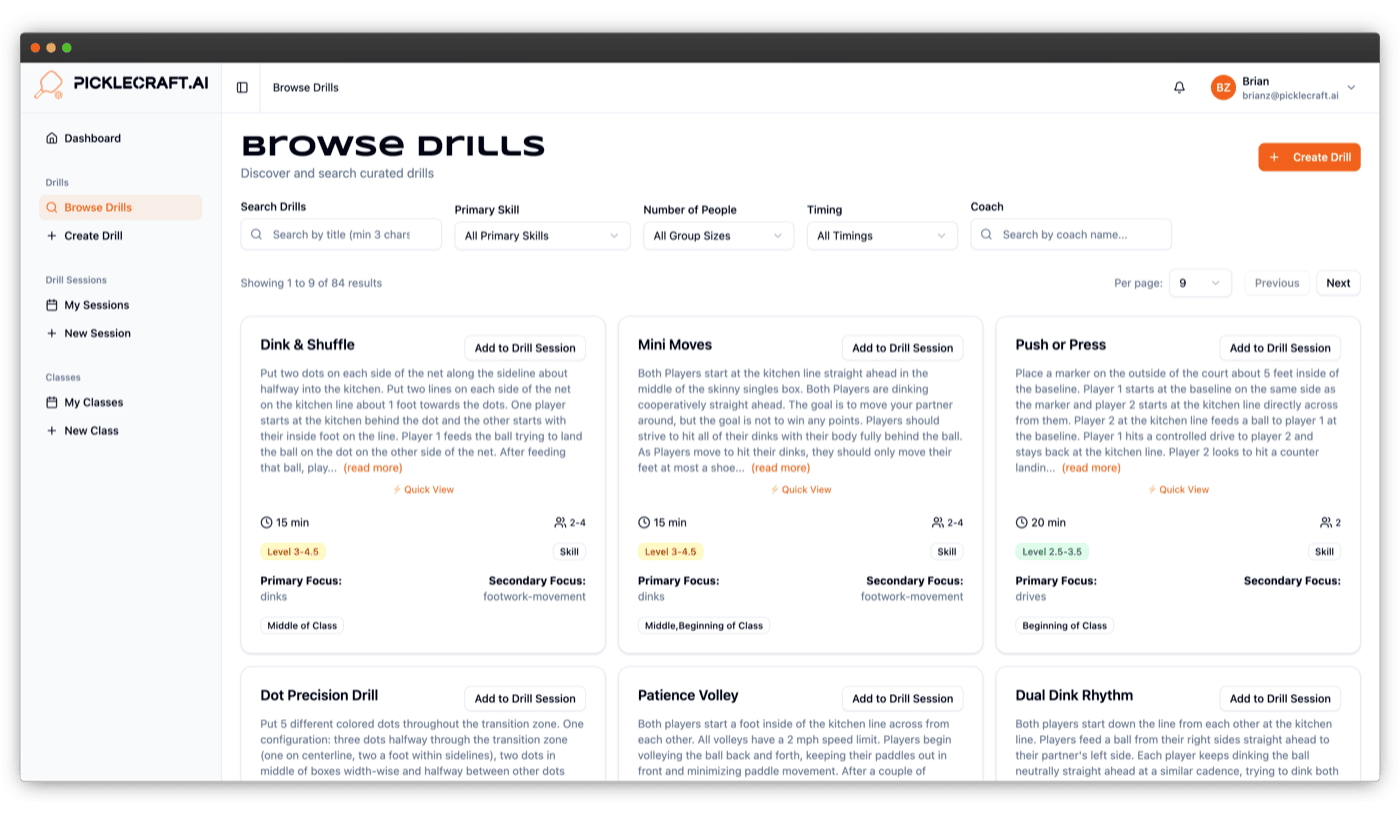PickleCraft drill library — browse pickleball drills by skill level, category, and format