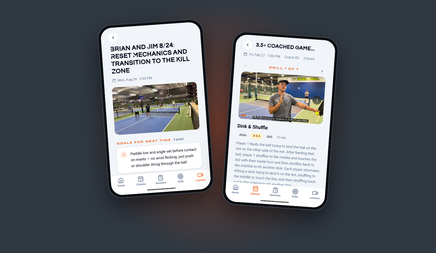 PickleCraft mobile app — a pickleball lesson recording with an AI summary and goals for next time, next to a class detail with its drills
